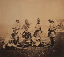 Group of British Soldiers from 68th Regiment, Durham Light Infantry, Full-Length Portrait Wearing Winter Uniforms and Holding Weapons, Crimean War, Crimea, Ukraine, by Roger Fenton, 1855