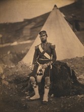 British Captain Robert Cuninghame, 42nd Royal Highland Regiment, Full-Length Portrait in Uniform with Military Tent in Background, Crimean War, Crimea, Ukraine, by Roger Fenton, 1855