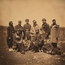 French General Cissé and group of Officers and Soldiers, Portrait in Various Styles of Uniforms; a Zouave Stands at Left, Crimean War, Crimea, Ukraine, by Roger Fenton, 1855