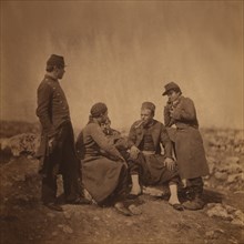 Two French Soldiers Standing next to three Zouave Soldiers Sitting and Smoking, Crimean War, Crimea, Ukraine, by Roger Fenton, 1855
