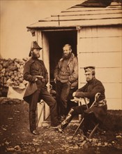 British Captains Arthur Ponsonby (r), Richard Pearson (center) & William Markham (r), Full-Length Portrait near Doorway, Crimean War, Crimea, Ukraine, by Roger Fenton, 1855