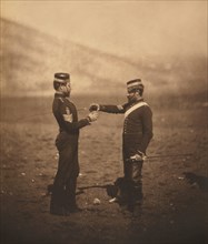 Two British Sergeants, 4th Light Dragoons, Full-Length Portrait of one Pouring Beverage into Glass Held by the Other, Crimean War, Crimea, Ukraine, by Roger Fenton, 1855
