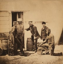 British Lieutenant-General Henry William Barnard, facing left, Gesturing toward Captain Barnard while Surrounded by Staff in front of Wood Building, Crimean War, Crimea, Ukraine, by Roger Fenton, 1855