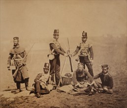 English Private Soldiers and Officers of the 3rd East Kent Regiment (The Buffs) Piling Arms, Crimean War, Crimea, Ukraine, by Roger Fenton, 1855