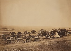 Artillery Wagons and Buildings at British Military Camp with View towards Balaklava, Crimean War, Crimea, Ukraine, by Roger Fenton, 1855