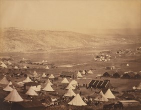 View of British Military Camp with Tents, Buildings, Soldiers and Horses, Crimean War, Crimea, Ukraine, by Roger Fenton, 1855