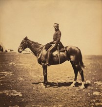 British Captain Clifford, aide-de-camp to General Buller, Portrait on Horse during Crimean War, Crimea, Ukraine, by Roger Fenton, 1855