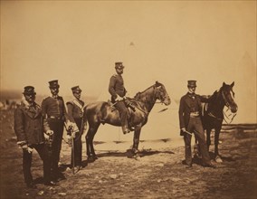 Reverend Mr. Butler & officers of the 47th Regiment, Full-Length Portrait with Horses, Crimean War, Crimea, Ukraine, by Roger Fenton, 1855