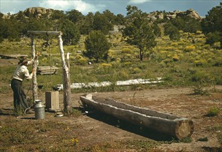 Faro Caudill, Homesteader, Drawing Water from his Well, Pie Town, New Mexico, USA, Russell Lee for Farm Security Administration - Office of War Information, October 1940