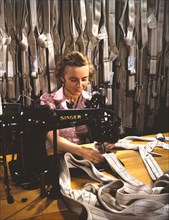 Mary Saverick Stitching Harnesses during WWII, Pioneer Parachute Company Mills, Manchester, Connecticut, USA, William M. Rittase for Office of War Information, July 1942