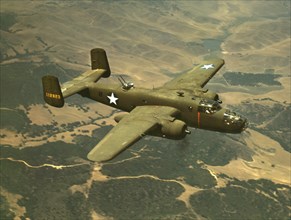 B-25 Medium Bomber during WWII Training Flight, North American Aviation, Inc., California, USA, Mark Sherwood for Office of War Information, October 1942