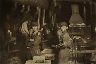 Group of Boys working at Midnight at Glass Factory, Indiana, USA, Lewis Hine for National Child Labor Committee, August 1908