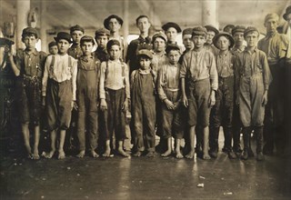 Group of Doffers, Some Younger than the Mandatory 14-year age limit, Full-Length Portrait, Washington Cotton Mills, Fries, Virginia, USA, Lewis Hine for National Child Labor Committee, May 1911