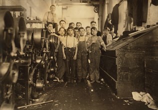 Group of Young Doffer and Spinner Boys, Full-Length Portrait, Seaconnet Mills, Fall River, Massachusetts, USA, Lewis Hine for National Child Labor Committee, January 1912