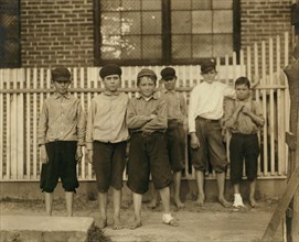 Group of Young Boys, Full-Length Portrait, Massey Hosiery Mill, Columbus, Georgia, USA, Lewis Hine for National Child Labor Committee, April 1913