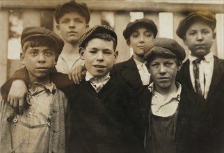 Group of Drop-Wire Boys and Sweepers, Half-Length Portrait, Granite Mill #2, Lewis Hine for National Child Labor Committee, Fall River, Massachusetts, USA, June 1916