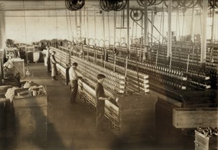 General View of Spooling Room at Textile Mill, Indian Orchard, Massachusetts, USA, Lewis Hine for National Child Labor Committee, June 1916