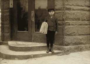 Morris Hurwitz, 10 years, Newsie, Portrait Standing on Step, Hartford, Connecticut, USA, Lewis Hine for National Child Labor Committee, March 1909