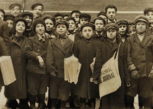 Large Group of Newsies, Half-Length Portrait Standing at the Times Office, Hartford, Connecticut, USA, Lewis Hine for National Child Labor Committee, March 1909