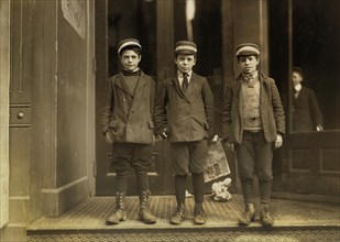 Three Messenger Boys, Portrait Standing, Hartford, Connecticut, USA, Lewis Hine for National Child Labor Committee, March 1909