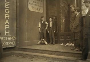 Two Bowling Alley Boys at Night, Portrait Standing with Bowling Ball and Two Pins, New Haven, Connecticut, USA, Lewis Hine for National Child Labor Committee, March 1909