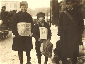 Three Newsboys Selling Newspapers in Winter, Schenectady, New York, USA, Lewis Hine for National Child Labor Committee, February 1910