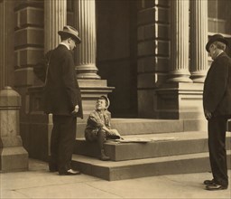 Harry Silverstein, 7-year-old Newsboy, Selling Newspapers on Building's Steps, Works 8 hours per day, Visits Saloons, Wilmington, Delaware, USA, Lewis Hine for National Child Labor Committee, May 1910