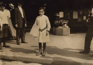 Young Girl, 9 years old, Selling Newspapers near Brooklyn Bridge, New York City, New York, USA, Lewis Hine for National Child Labor Committee, July 1910