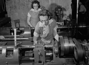 Two Female Workers Operating Lathe Machines at Drill and Tool Plant that Manufactures Drills for use in all War Production Industries, Republic Drill and Tool Company, Chicago, Illinois, USA, Ann Rose...