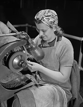 Female Worker Polishing Screws for Valve Rocker Arms of Airplane Engines on Gardner Machine at Manufacturing Plant, Pratt & Whitney, East Hartford, Connecticut, USA, Andreas Feininger for Office of Wa...