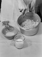 Woman Mashing Cooked Beans while Making Baked Bean Loaf, a Nourishing and Healthy Meat Substitute, Ann Rosener for Office of War Information, October 1942