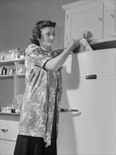 Woman Using Slip of Paper to see if Refrigerator is Wasting Valuable Electric Power and if the Paper can be Pulled out, have the Gasket Tightened or Replaced Immediately and Help Uncle Sam Conserve En...