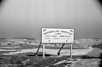 Billboard Promoting Westmoreland Homesteads, part of Government Resettlement Program, Mount Pleasant, Pennsylvania, USA, Carl Mydans, U.S. Resettlement Administration, February 1936