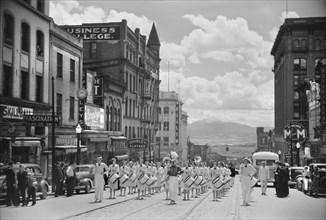 High School Band Marching in Parade, Montana Street, Butte, Montana, USA, Arthur Rothstein for Farm Security Administration, July 1939