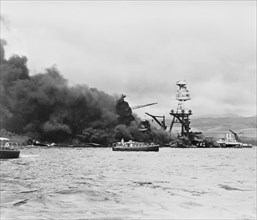 USS Arizona on Fire after Imperial Japanese Navy Air Service Attack, Pearl Harbor Hawaii, Office of Emergency Management, December 7, 1941