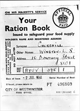 Page from UK Prime Minister Winston Churchill's Ration Book during World War II, part of Effective and Necessary Rationing Plan, England, UK, U.S. Office of War Information, April 1943