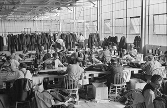 Interior View of Homesteaders Working at Cooperative Garment Factory at Jersey Homesteads, Hightstown, New Jersey, USA, Russell Lee, U.S. Resettlement Administration, November 1936