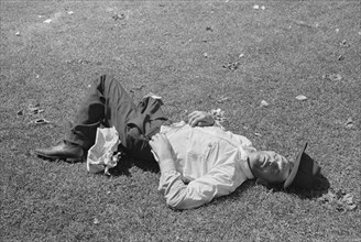 Transient Laborer Sleeping in Park during Day, Gateway District, Minneapolis, Minnesota, USA, Russell Lee, U.S. Resettlement Administration, August 1937