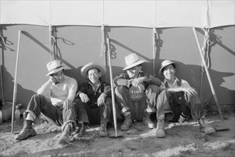 Japanese-American Farm Workers outside their Tent, Farm Security Administration (FSA) Mobile Camp, Nyssa, Oregon, USA, Russell Lee, Farm Security Administration, July 1942