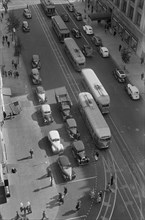 High Angle View of Street Scene with Pedestrians, Street Cars and Automobiles, 14th Street and Pennsylvania Avenue, Washington DC, USA, David Myers, Farm Security Administration, 1939