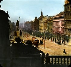 Busy Street Scene From St. Wenceslas Square, Prague, Bohemia, Magic Lantern Slide, circa 1920