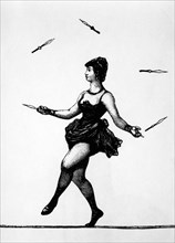 Woman Juggling Knives While Walking Tightrope, 19th Century Woodcut
