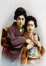 Two Japanese Women in Traditional Costume, Portrait, Hand-Colored Photograph, 1930