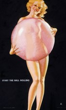 Nude Woman Standing Behind Translucent Ball, Start the Ball Rolling, Mutoscope Card, circa 1940