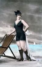 Smiling Woman in One-Piece Bathing Suit, Hand-Colored Photograph, circa 1900