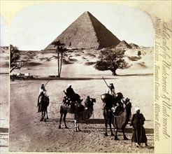 Great Pyramid, Egyptians and Camels in Foreground, Single Image of Stereo Card, 1897