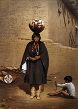 Zuni Woman Carrying Water Container on Her Head, Lithograph, circa 1881