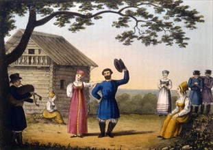 Russian National Dance, Hand-Colored Engraving From Robert Pinkerton's Russia, circa 1833