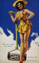 Sexy Woman Standing by Lawn Mower, Boy, Do I Mow 'Em Down, Mutoscope Card, 1940's