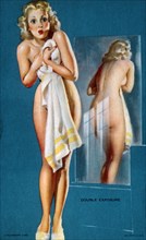 Nude Woman With Towel Standing in Front of Mirror, "Double Exposure", Mutoscope Card, 1940's